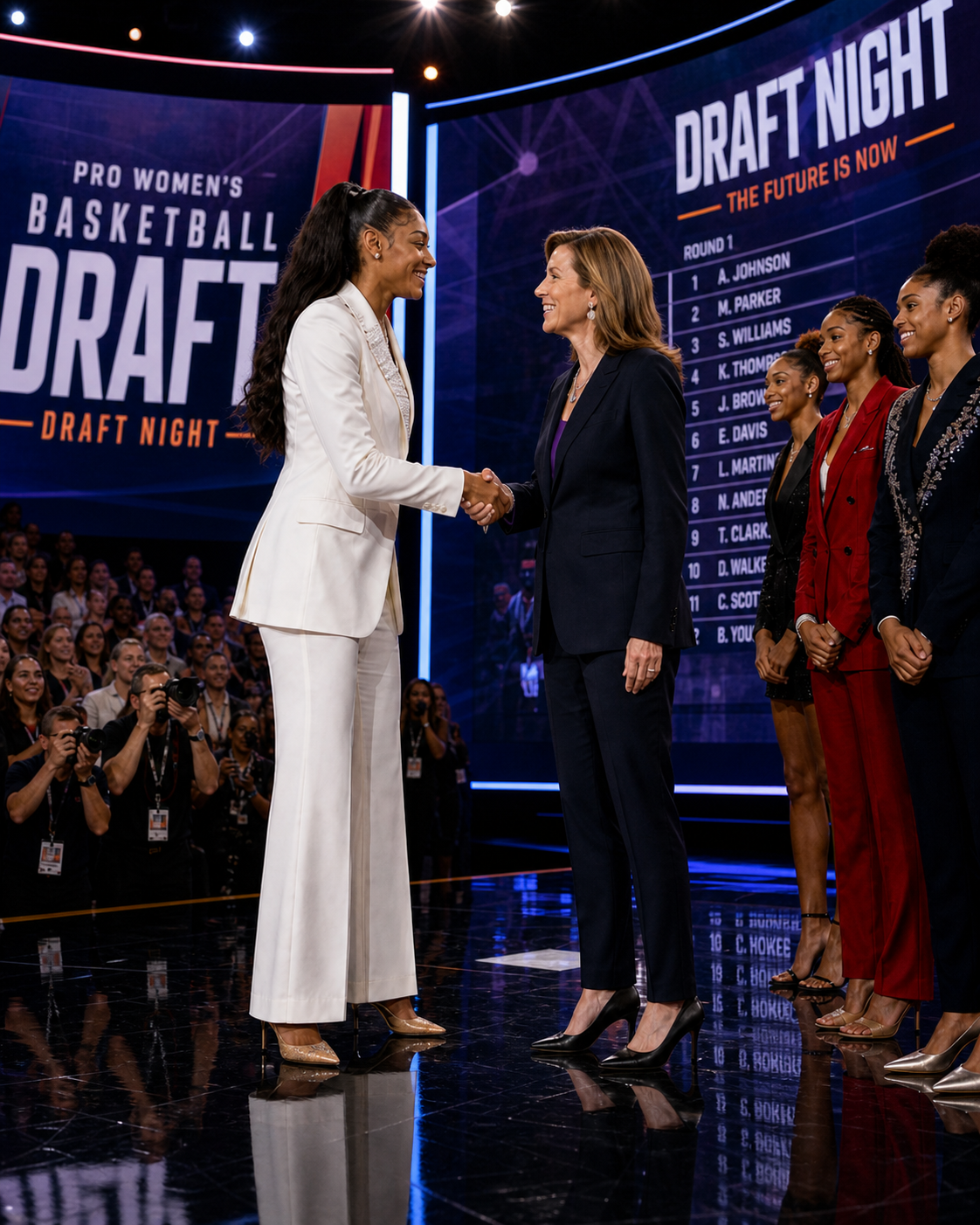 WNBA draft prospects on stage during selection night