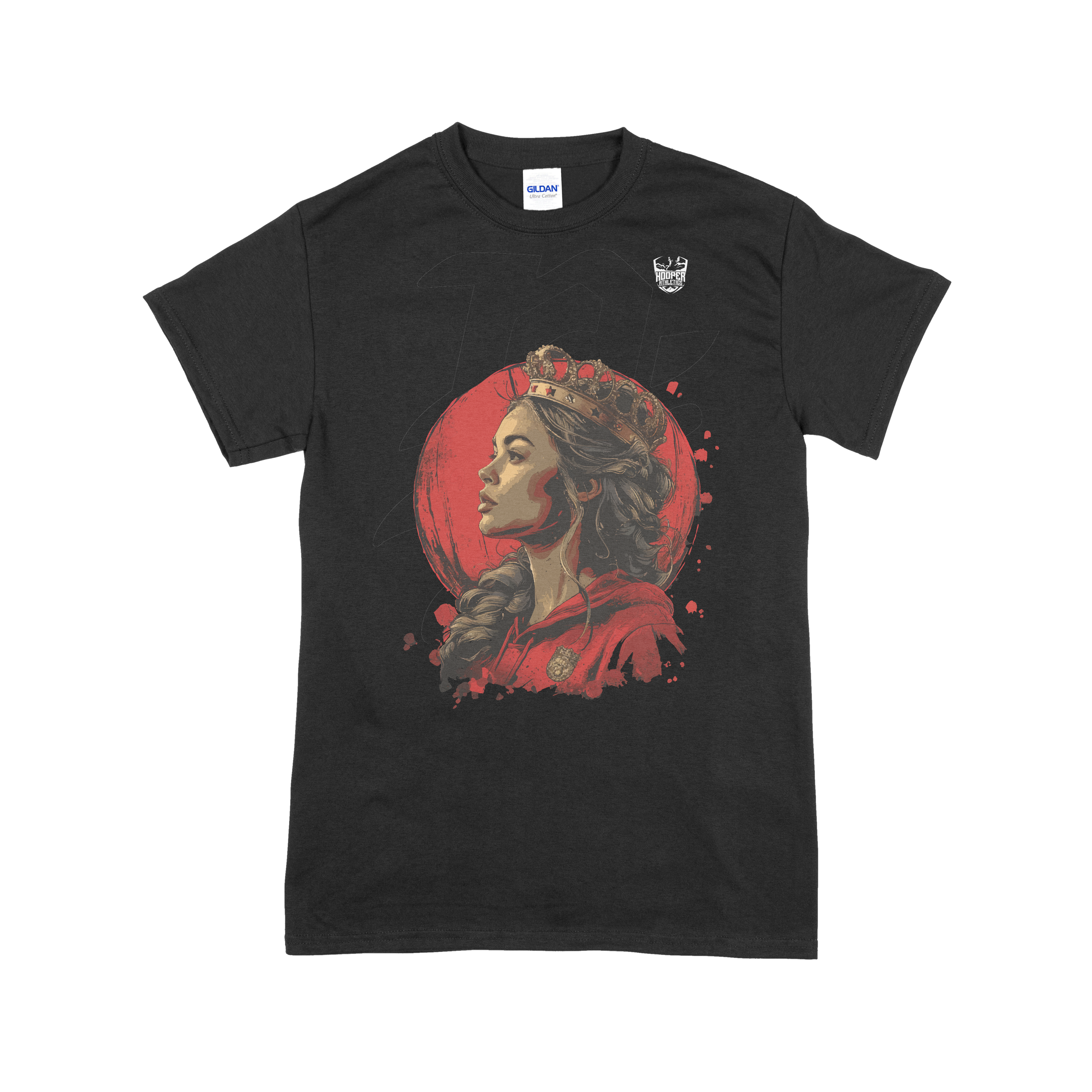 Black t-shirt with a graphic of a woman with a red circle and crown on a white background