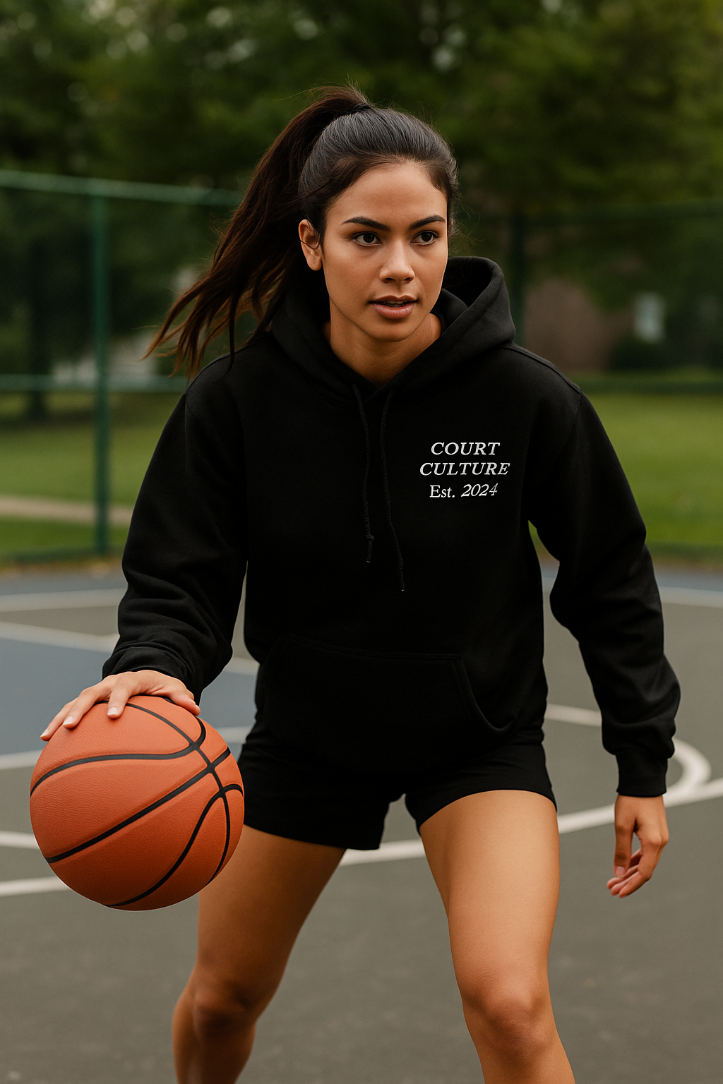 Built on Blacktop Hoodie – Hooper Athletics Streetball Collection in black – women's basketball apparel - Model Front