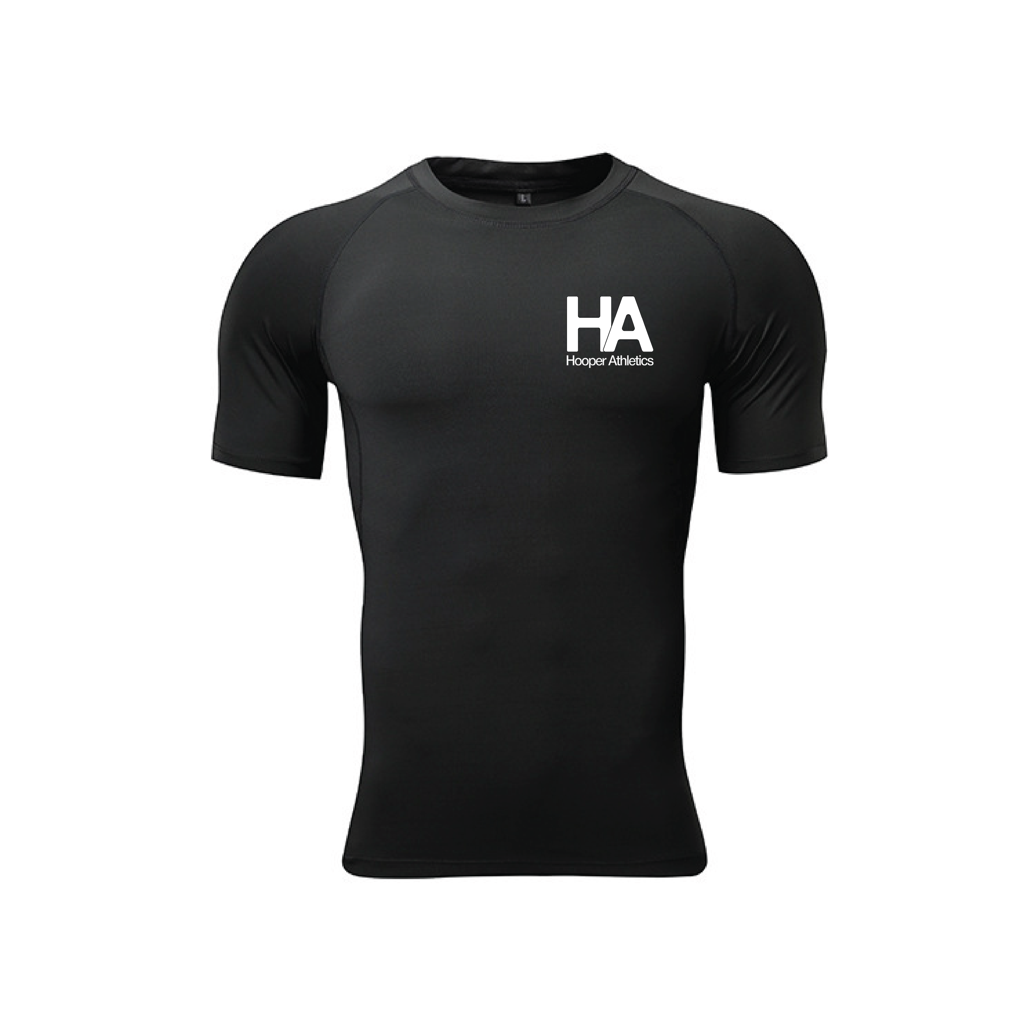 Black t-shirt with 'HA' logo on a white background
