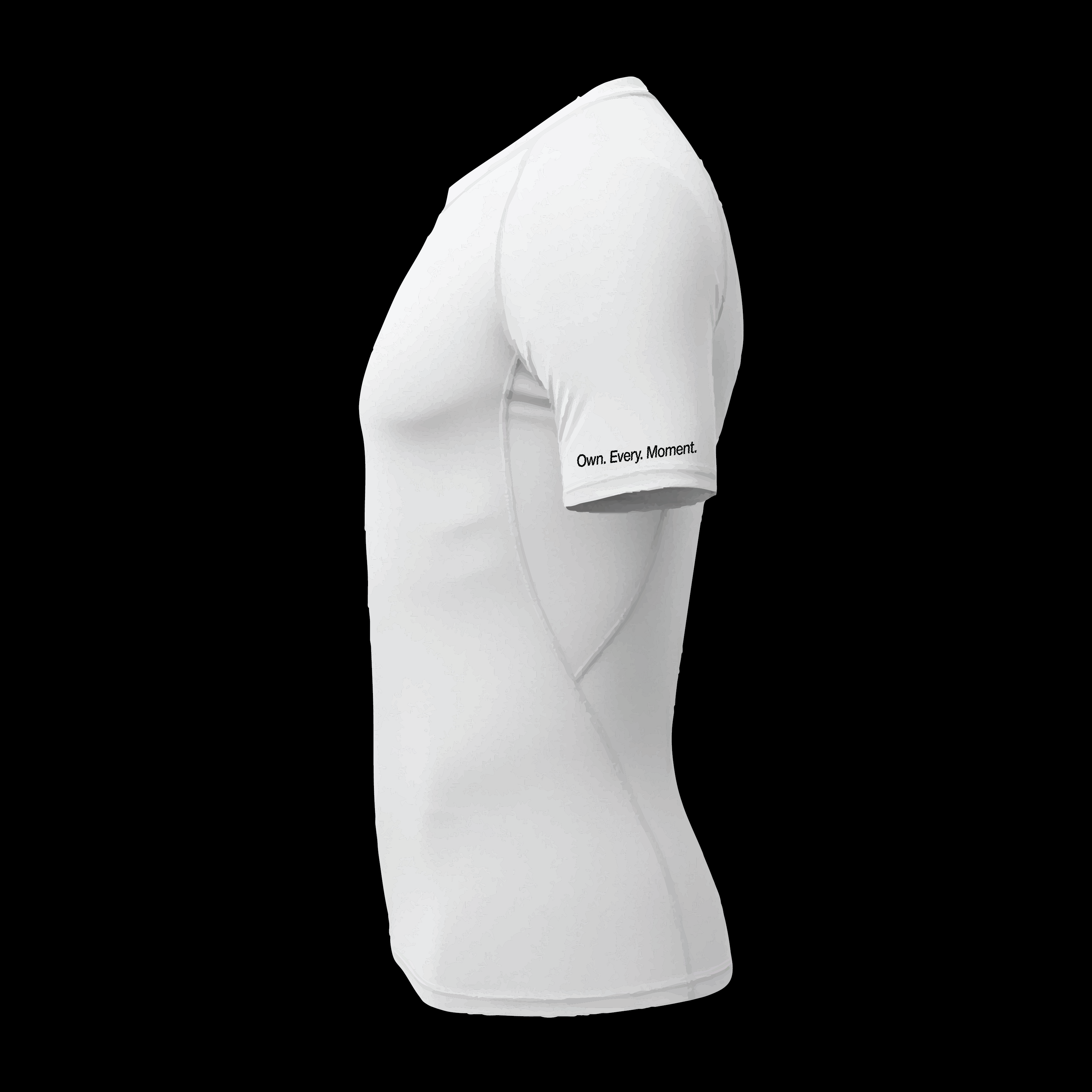 White t-shirt with text on sleeve against a black background