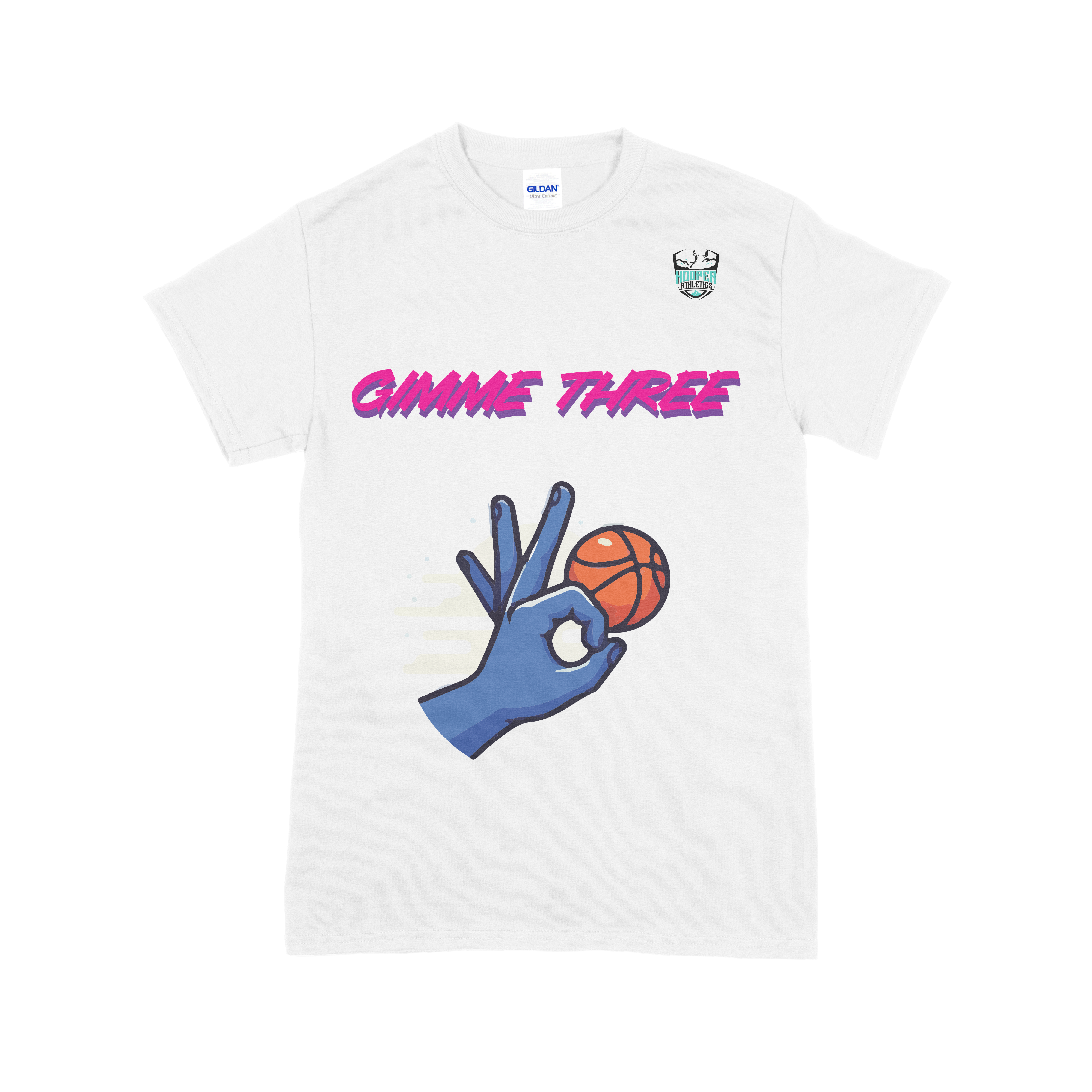 White t-shirt with blue gimmie three gesture, basketball, and pink text on a white background