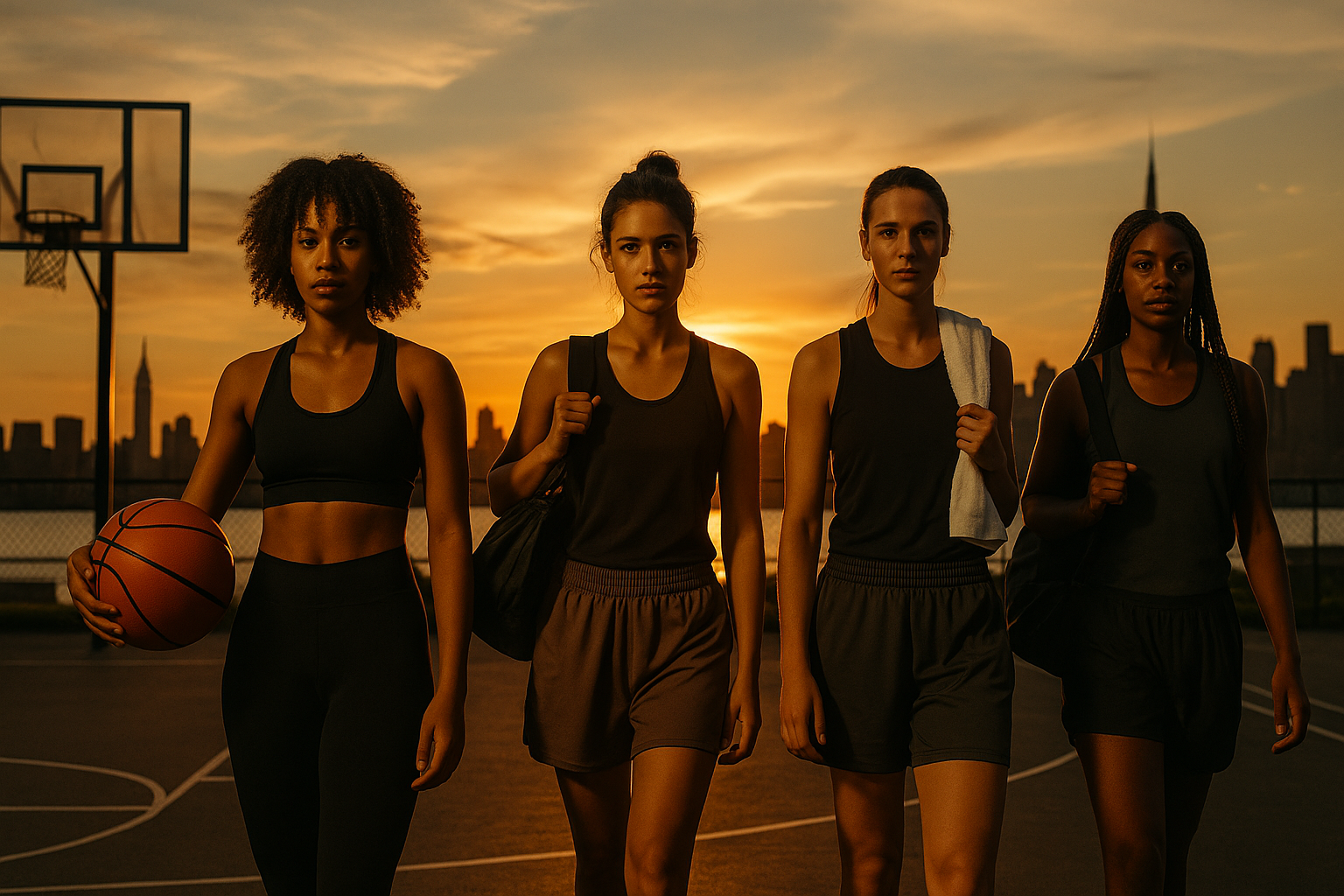 Four women on a basketball court at sunset with city skyline in the background