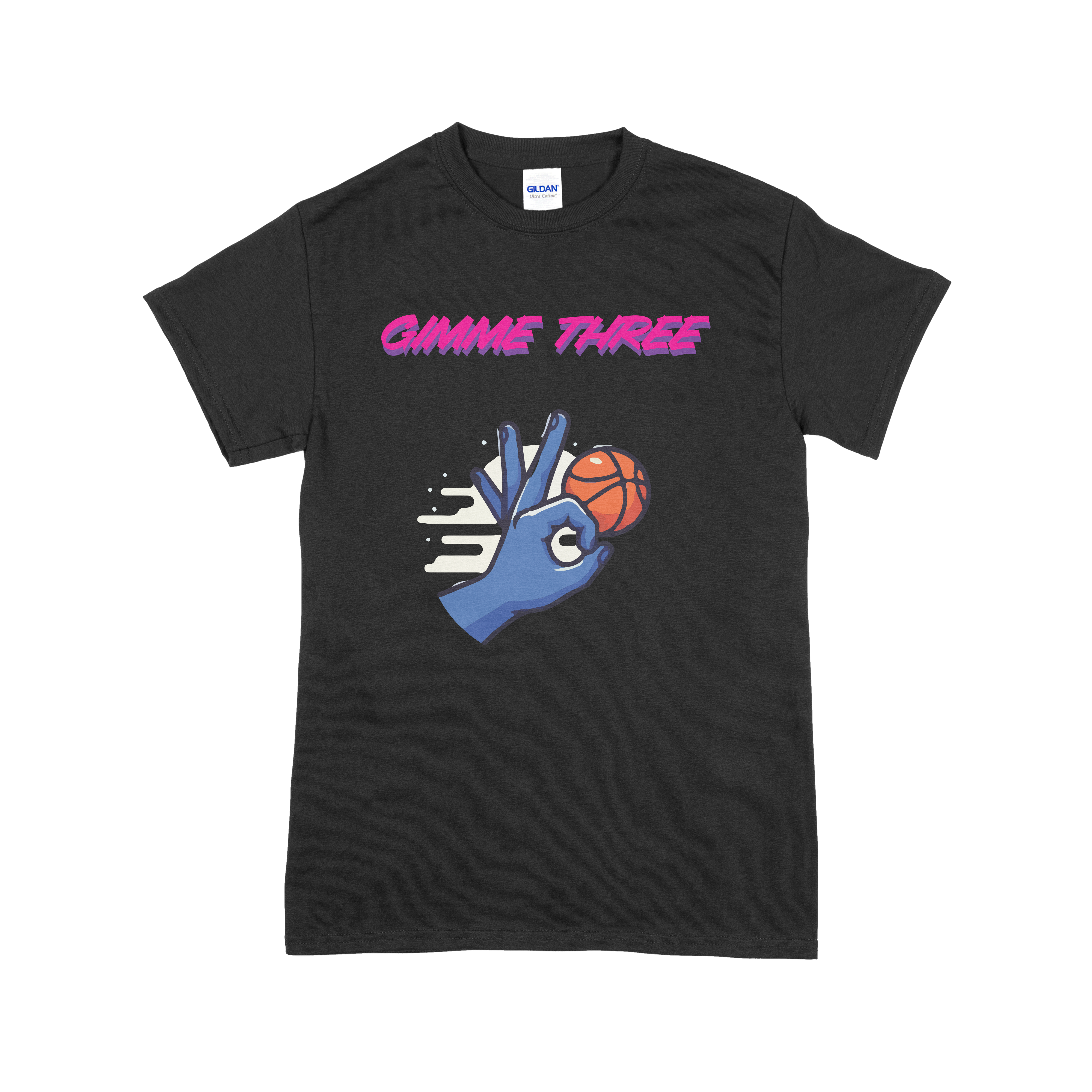 Black t-shirt with colorful graphic design and 'Game Three' text on a white background
