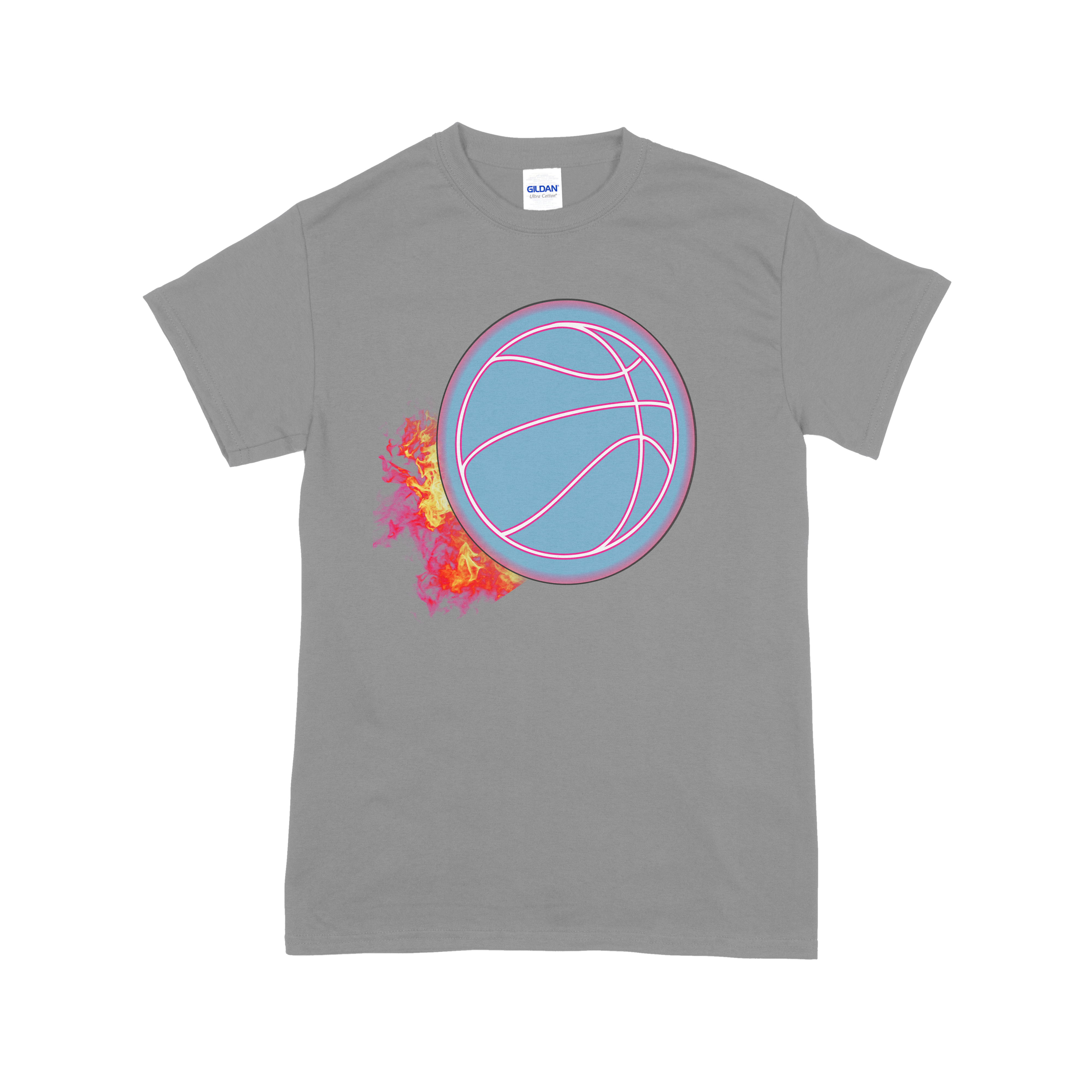 Gray t-shirt with a colorful basketball graphic on a white background