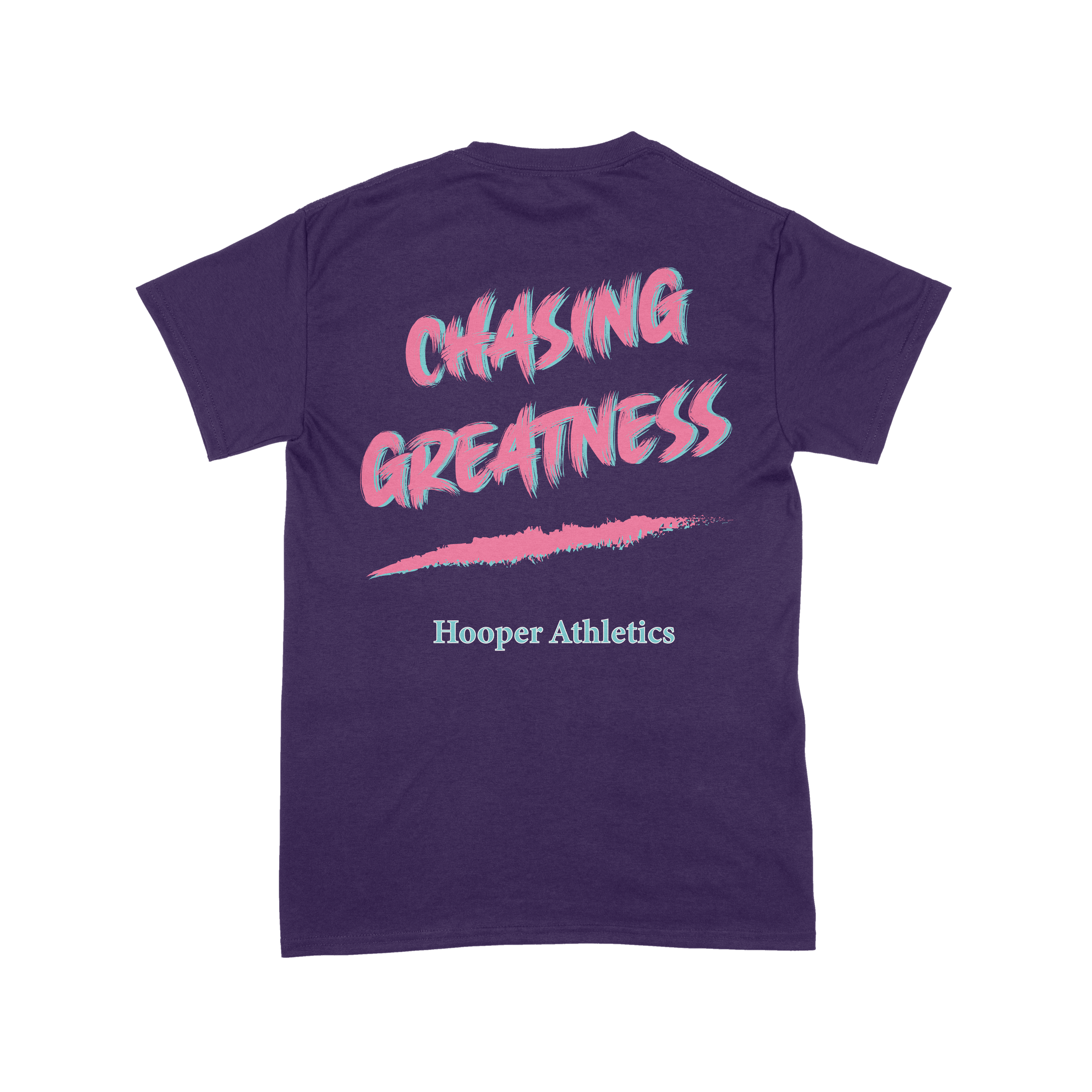Purple t-shirt with 'Chasing Greatness' and 'Hooper Athletics' text on a white background