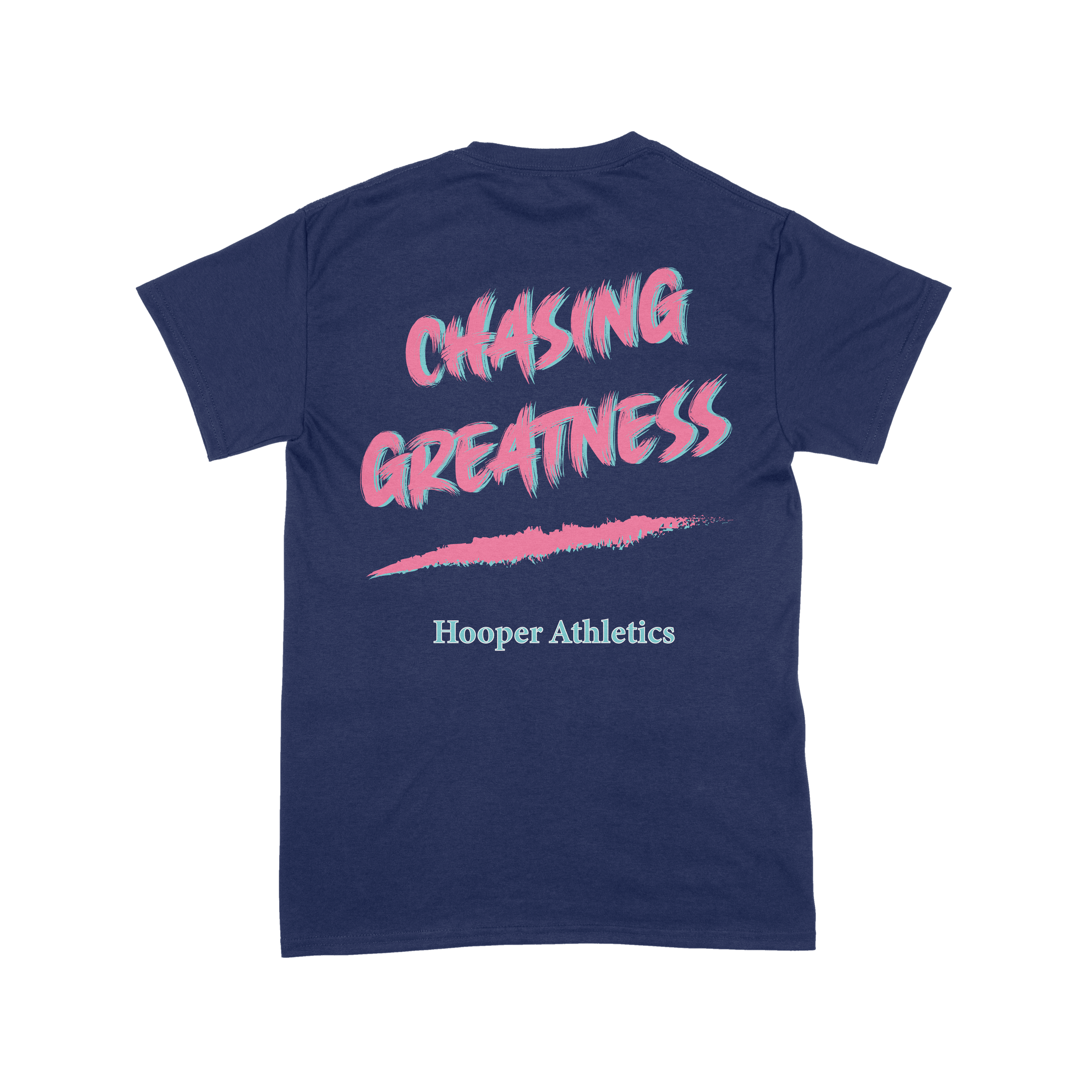 Navy blue t-shirt with pink and white text 'Chasing Greatness' and 'Hooper Athletics' on a white background