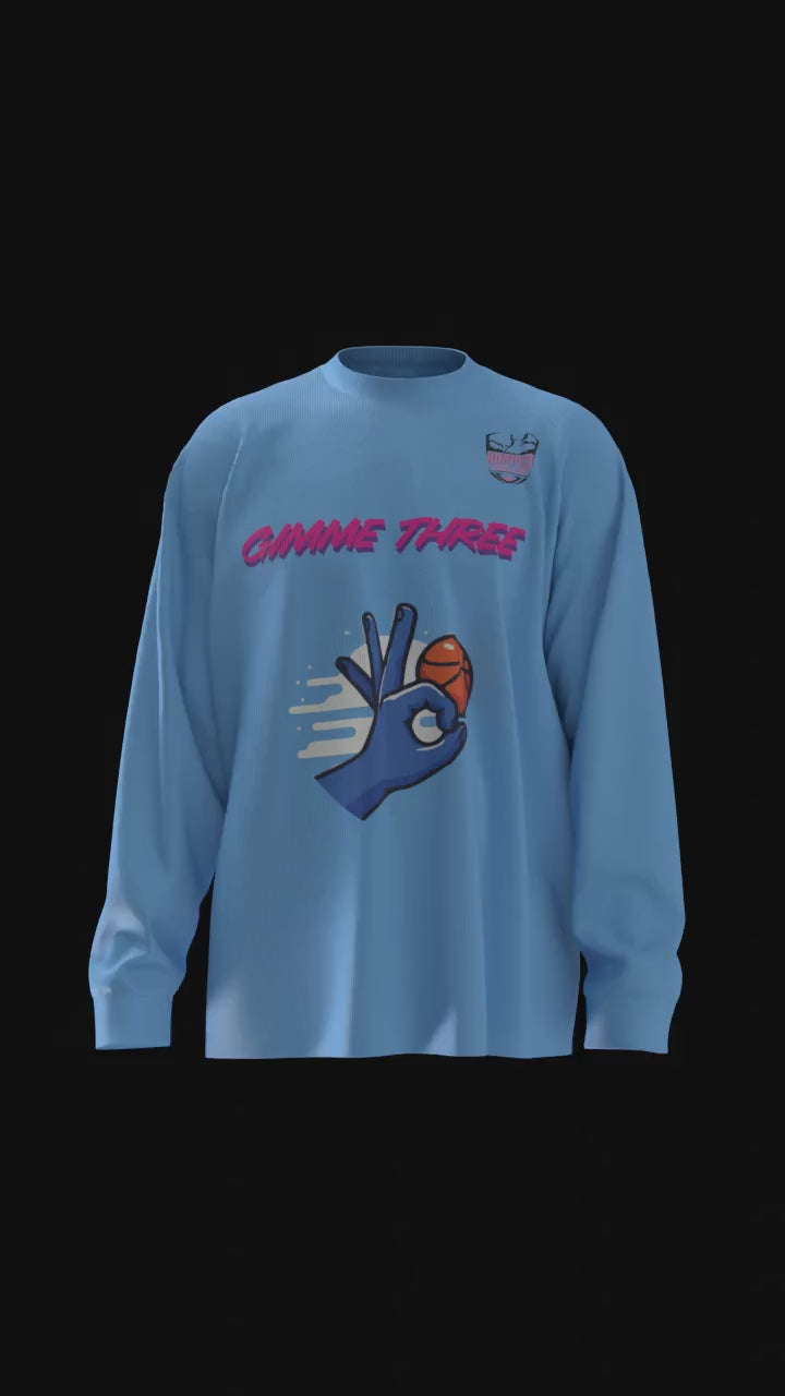 Gimme Three Performance Long Sleeve in blue – women's basketball apparel -3D