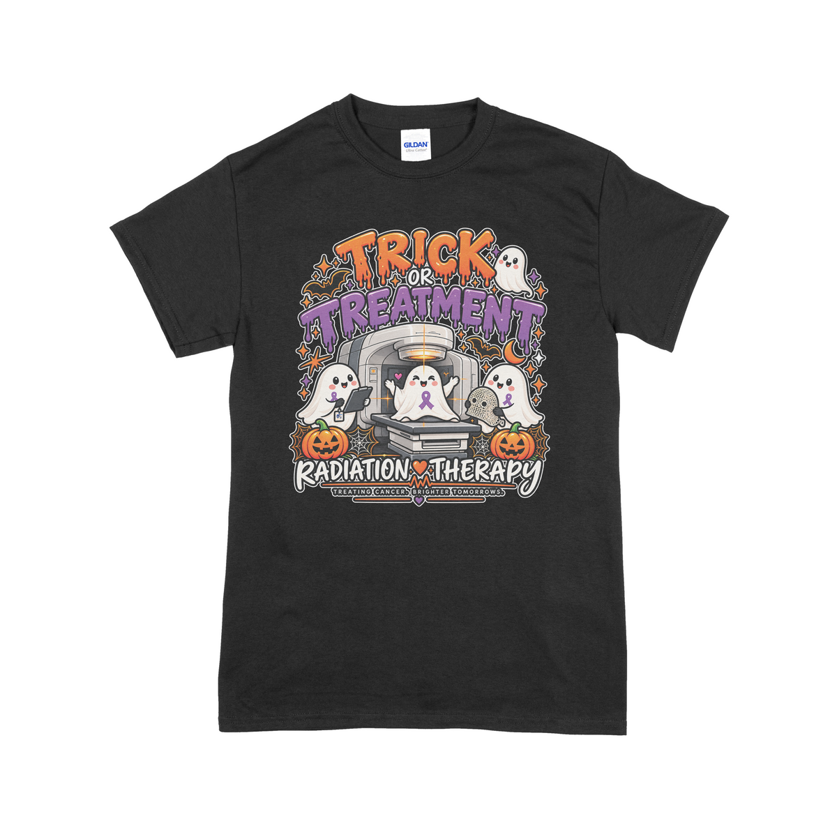 A black short-sleeve crewneck t-shirt with a colorful graphic on the front that reads 'TRICK OR TREATMENT' and 'RADIATION THERAPY' with Halloween-themed illustrations including ghosts, pumpkins, and a treatment machine.