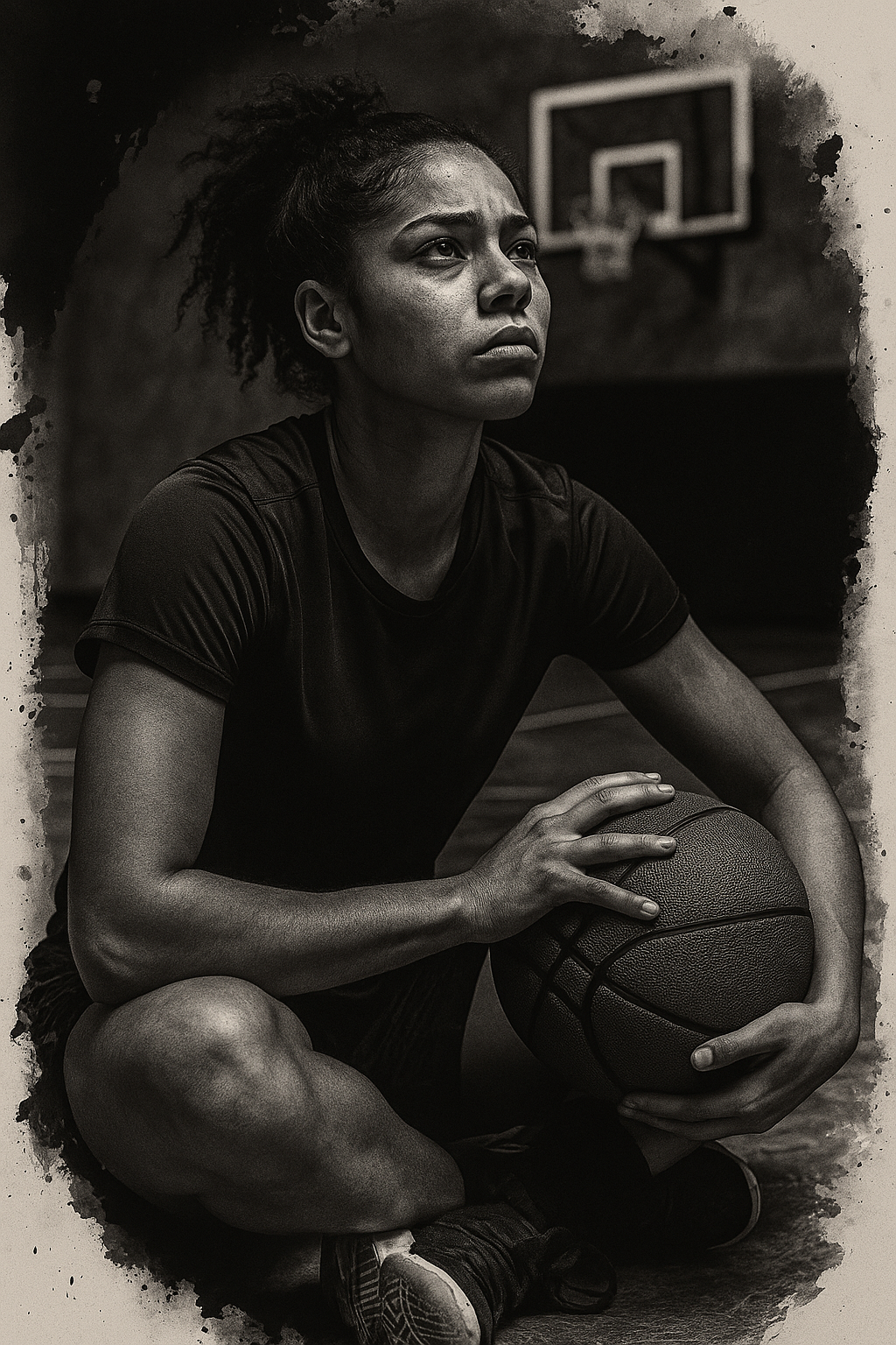 "Determined female basketball player sitting on the court holding a basketball, symbolizing resilience and recovery in women’s sports"