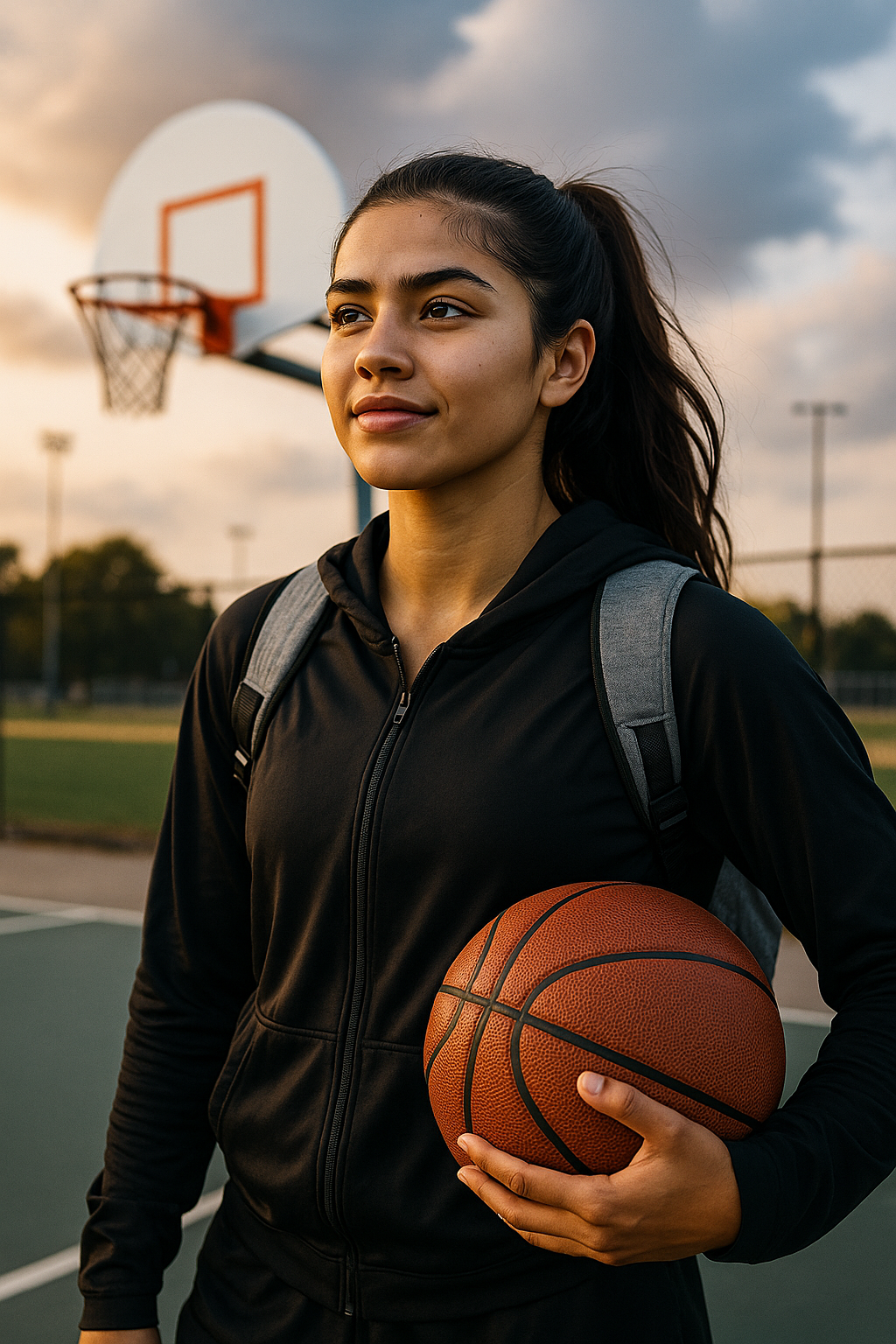 "Young female basketball player in a hoodie and backpack holding a basketball, standing on an outdoor court in Texas during sunset"