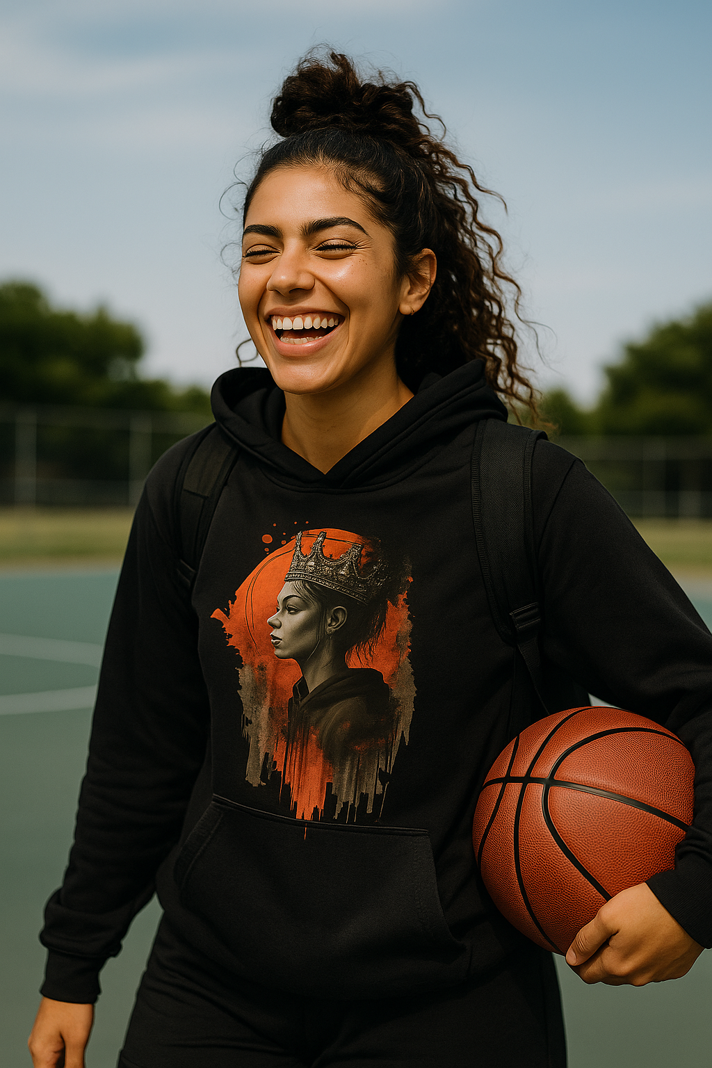 "Confident female hooper smiling in streetwear-style basketball apparel, representing modern women’s basketball culture"