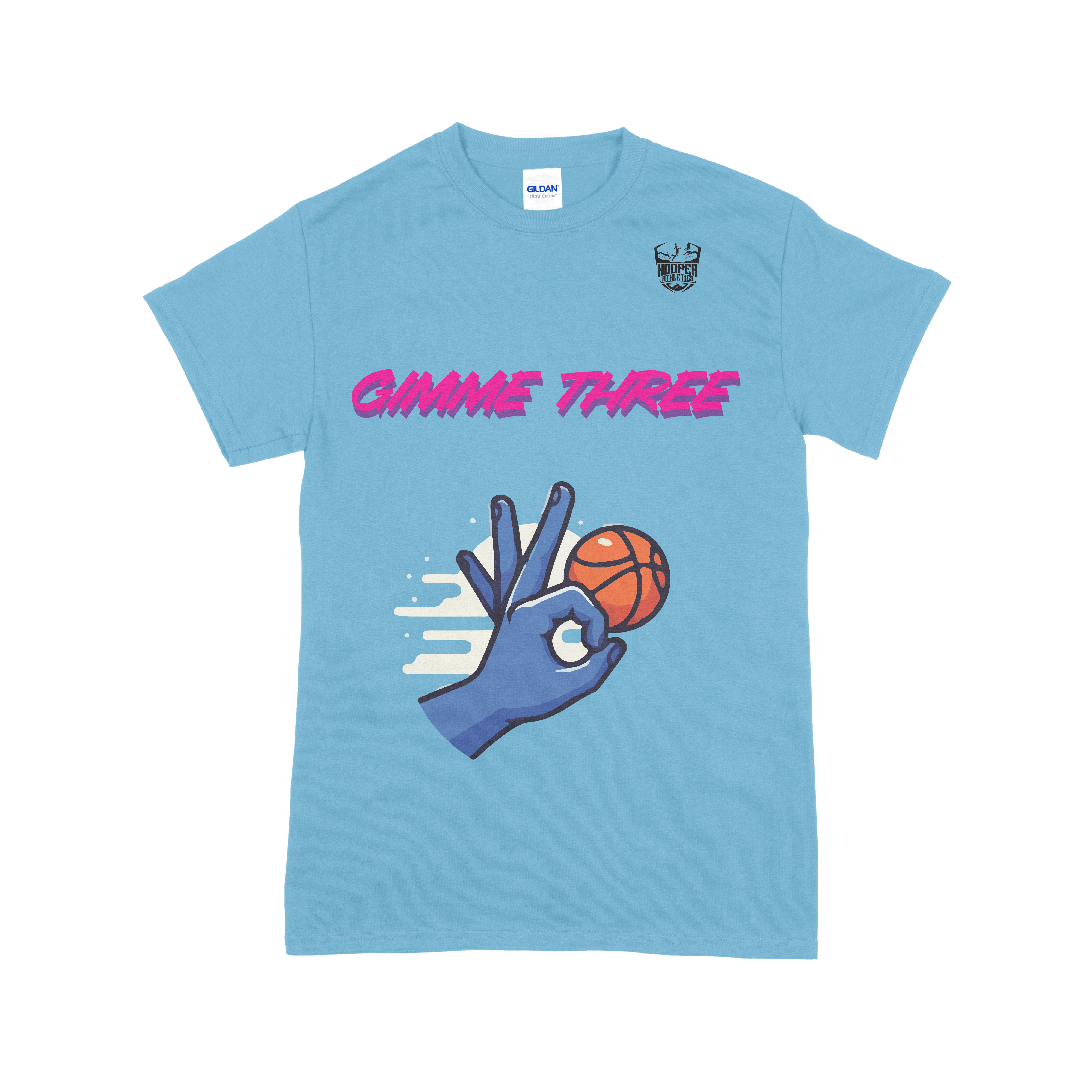 Light blue t-shirt with graphic design and text on a white background