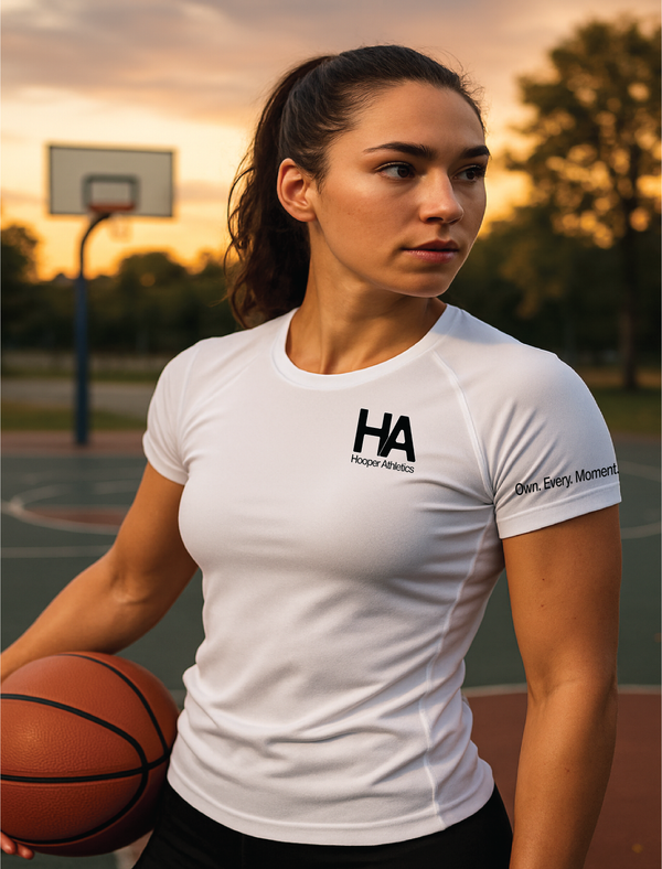 Model wearing hooper athletics compression shirt