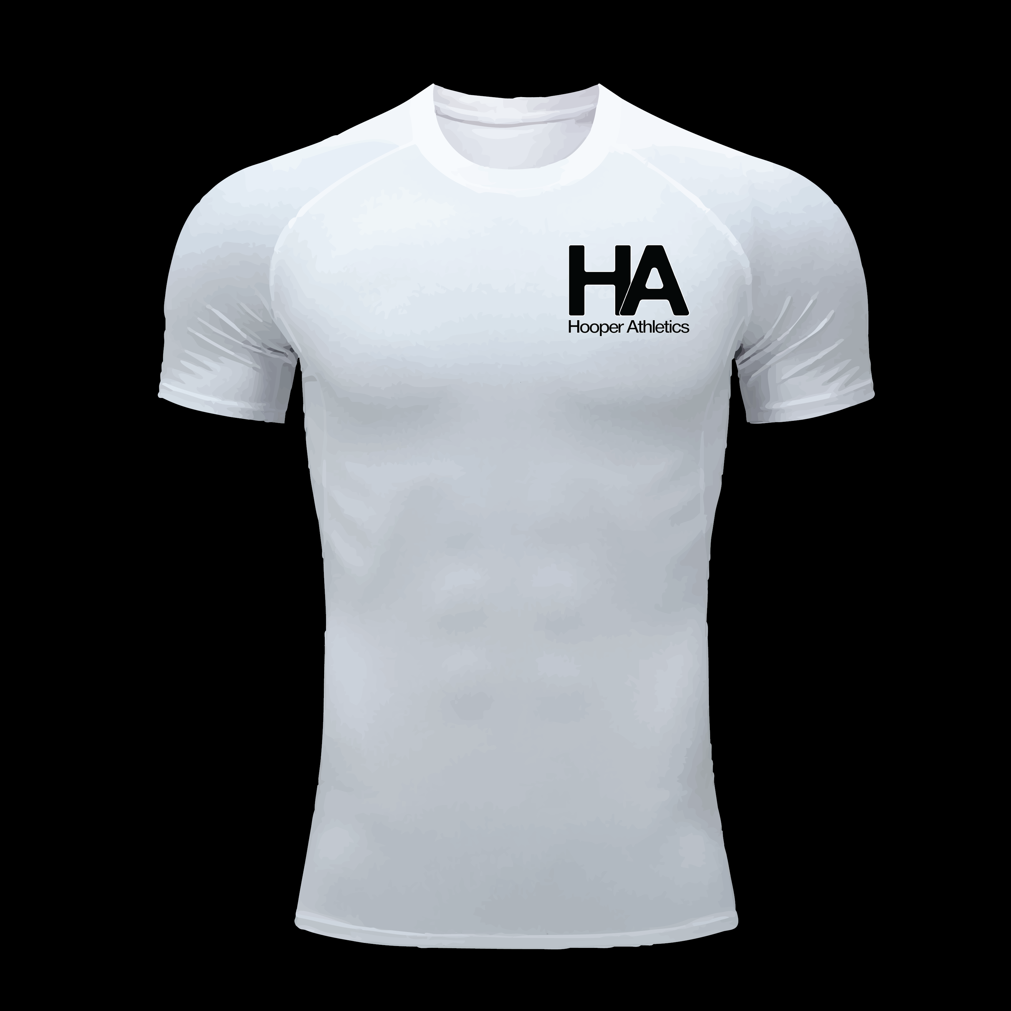White athletic t-shirt with 'HA' logo on a black background