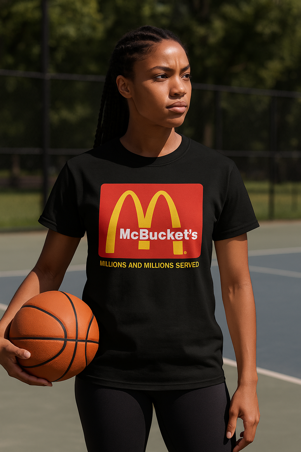 The McBucket’s Tee – Funny Basketball T-Shirt for Shooters in black – women's basketball apparel - Model