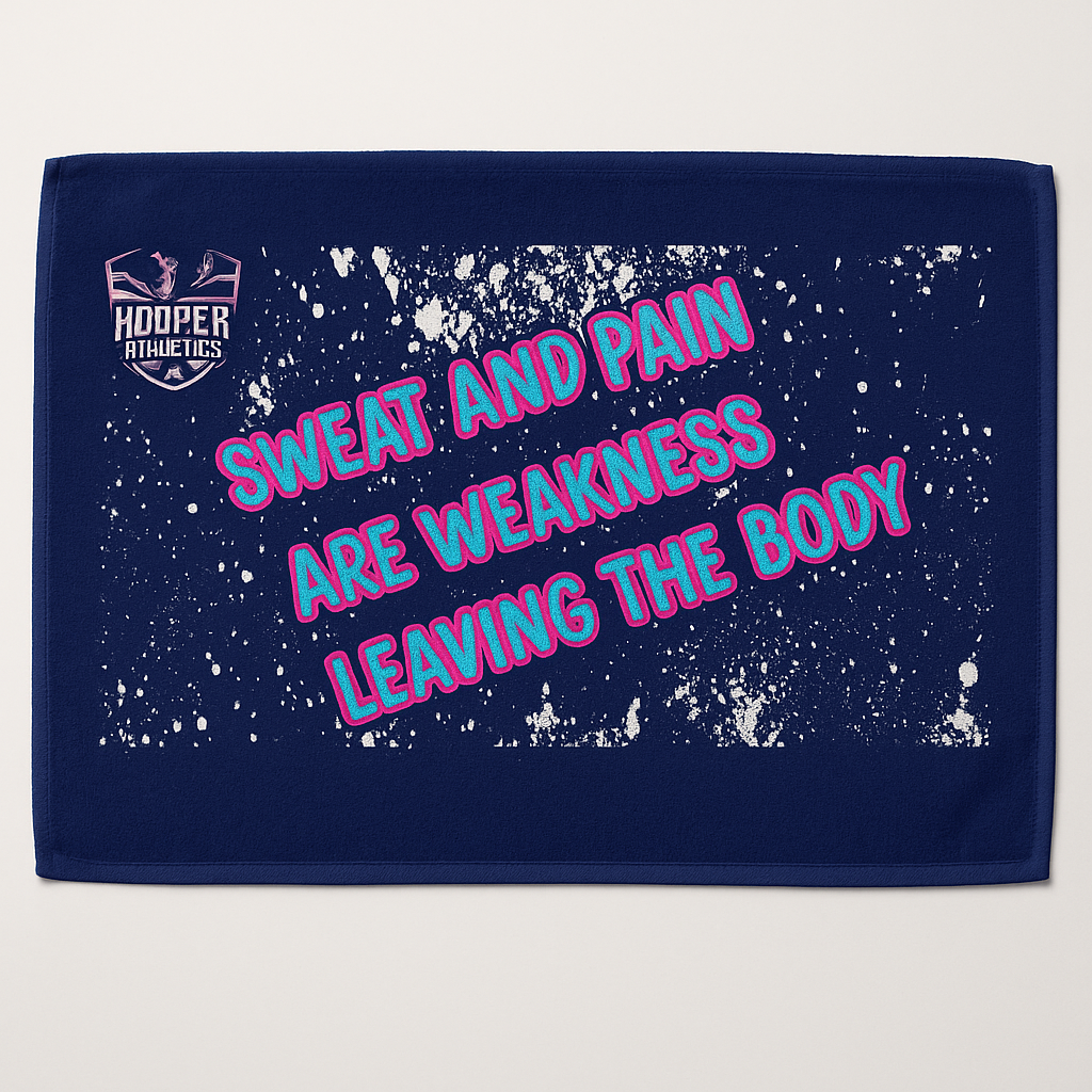 Navy towel with motivational quote and Hooper Athletics logo on a navy background