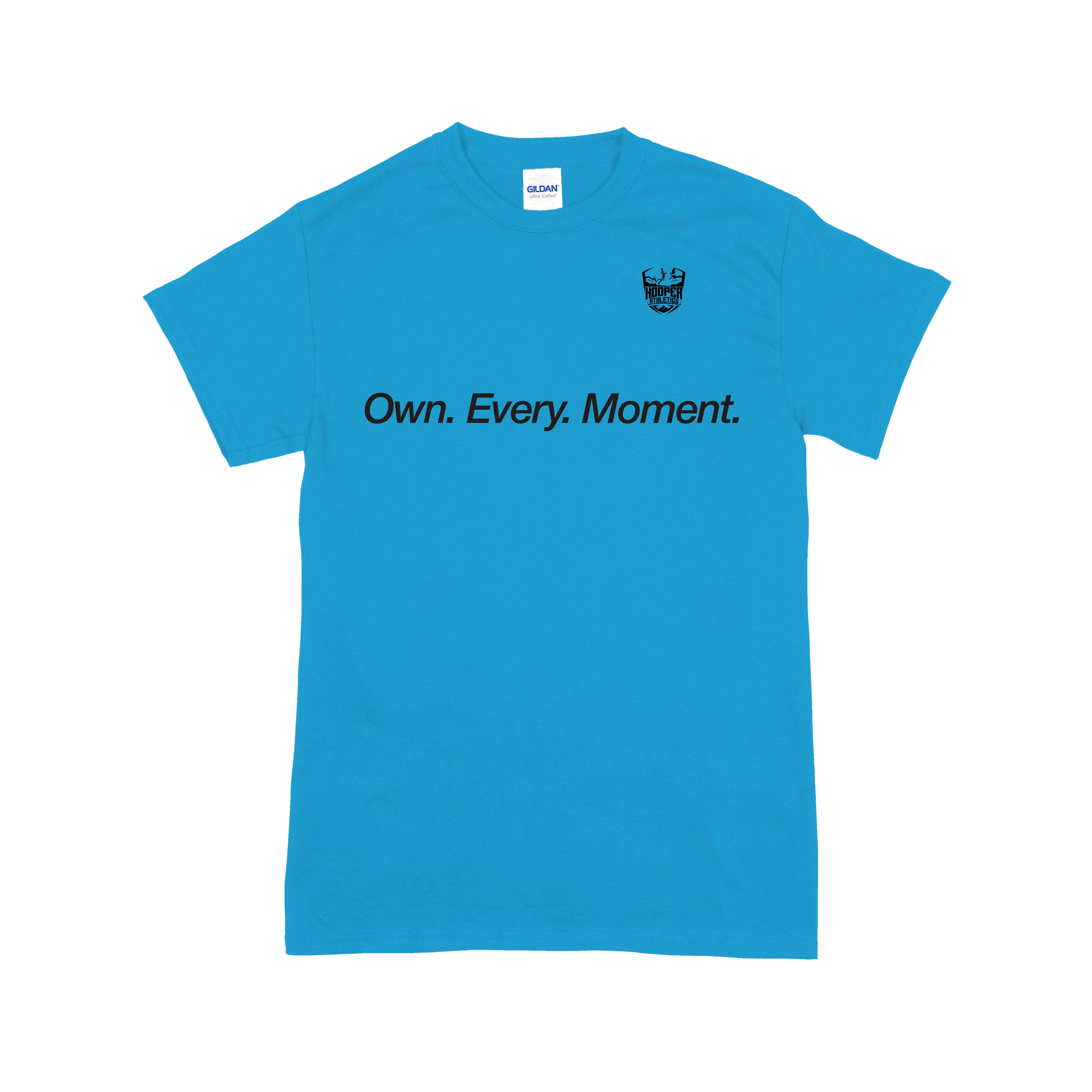 Blue t-shirt with 'Own. Every. Moment.' text and logo on a white background