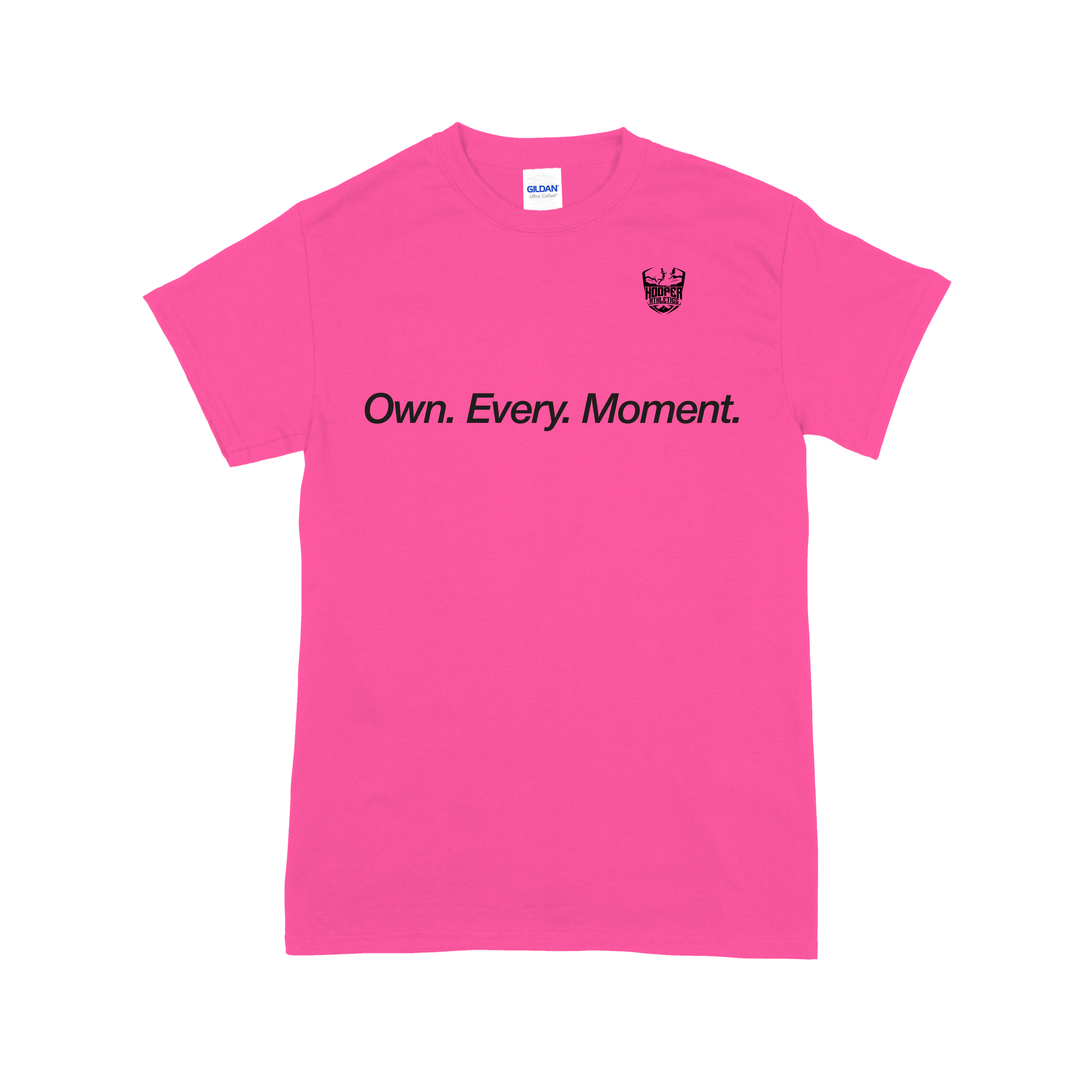 Pink t-shirt with black text and logo on a white background