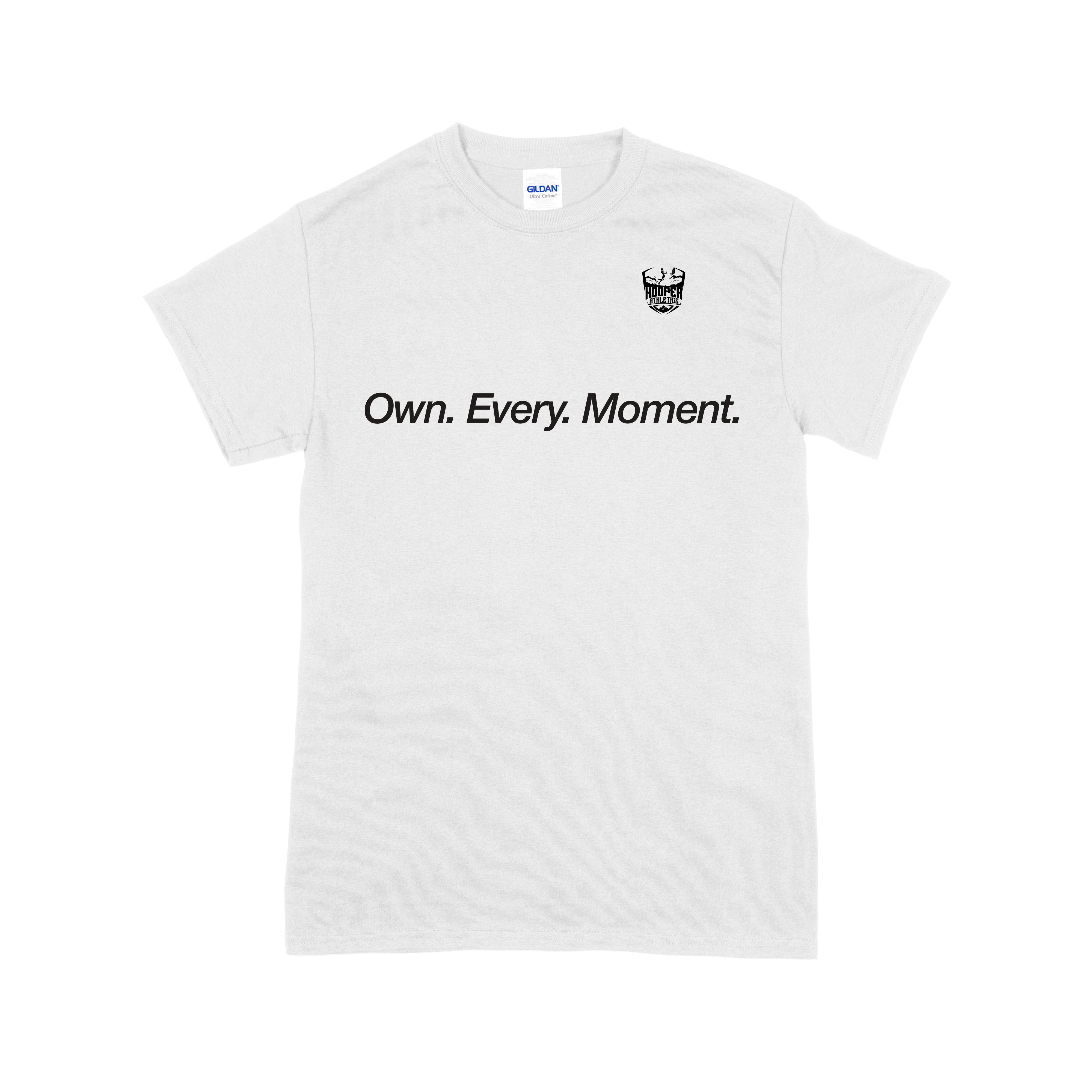 White t-shirt with black text and logo on a white background, own every moment