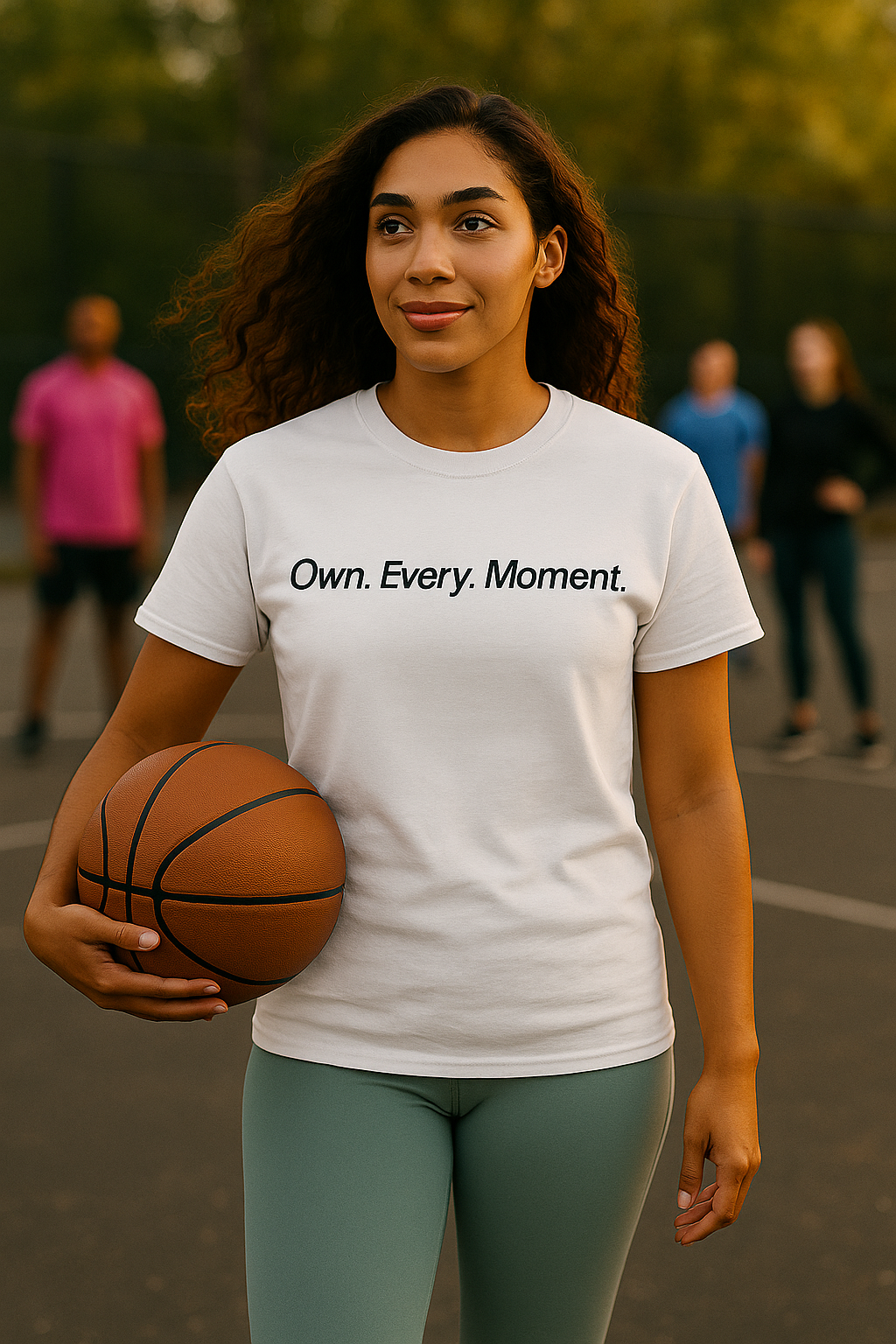 Female basketball player wearing blank white Own Every Moment t-shirt, outdoor court
