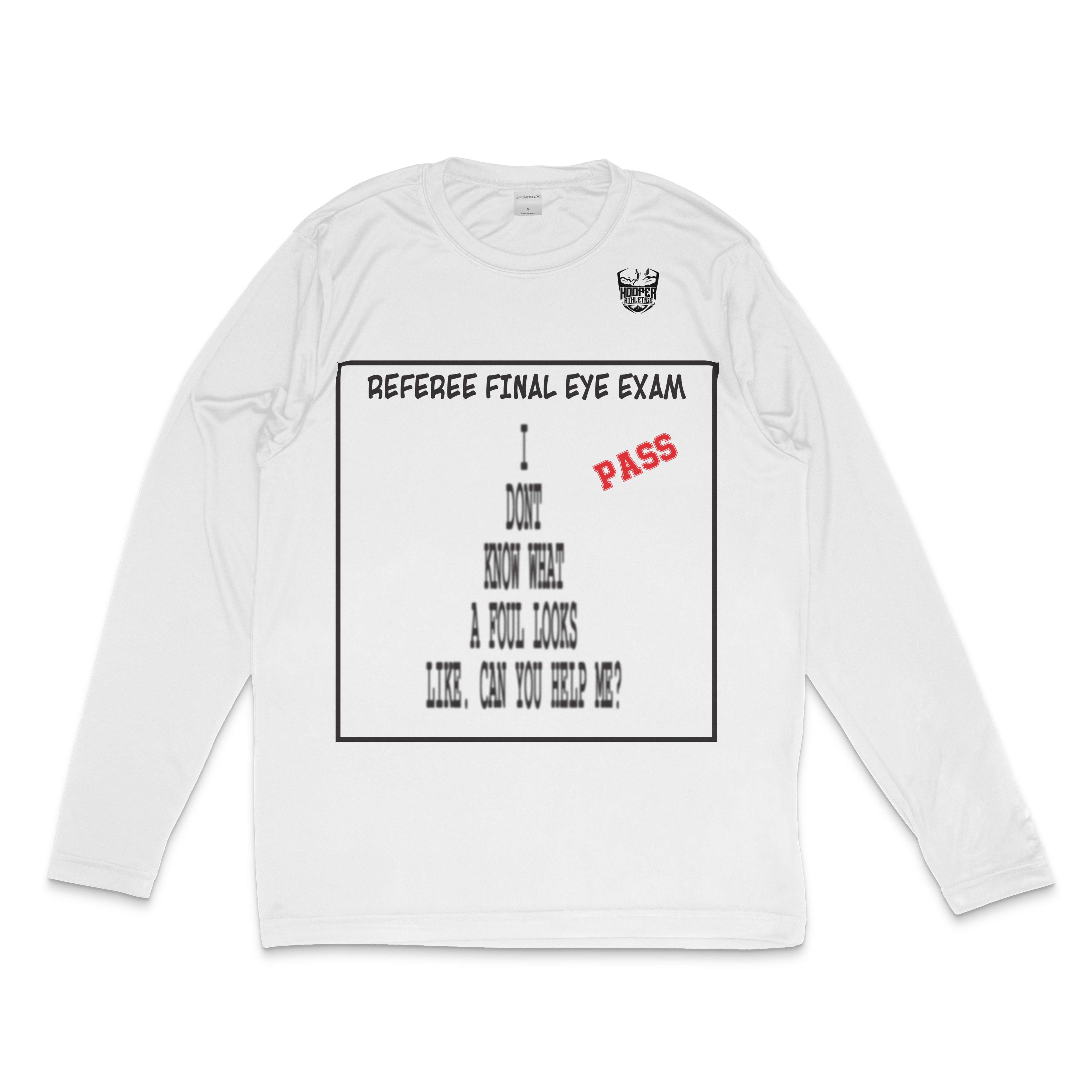 White long-sleeve shirt with printed text on a white background