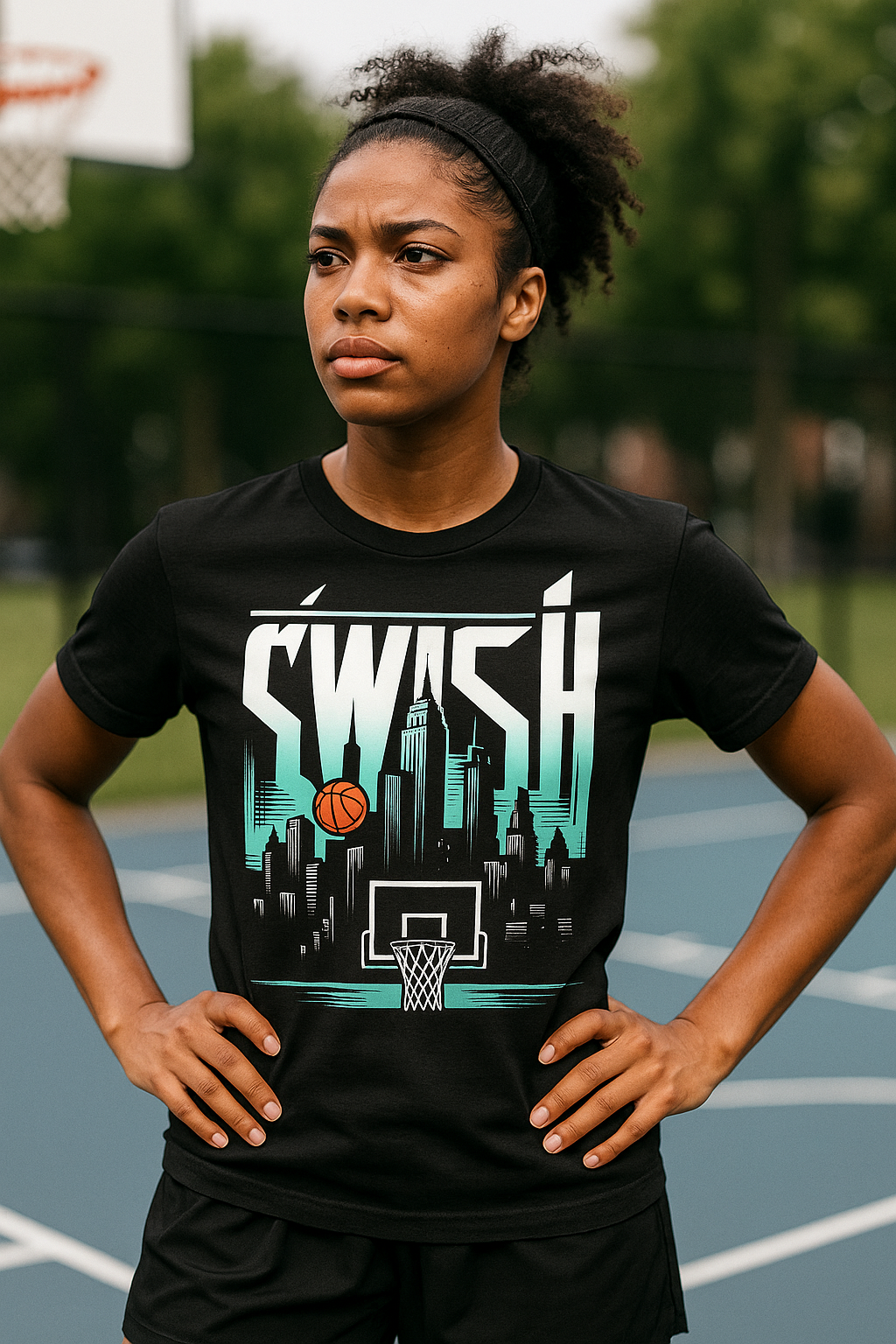 The Swish Standard Basketball Shirt | Hooper Athletics in black – women's basketball apparel - model