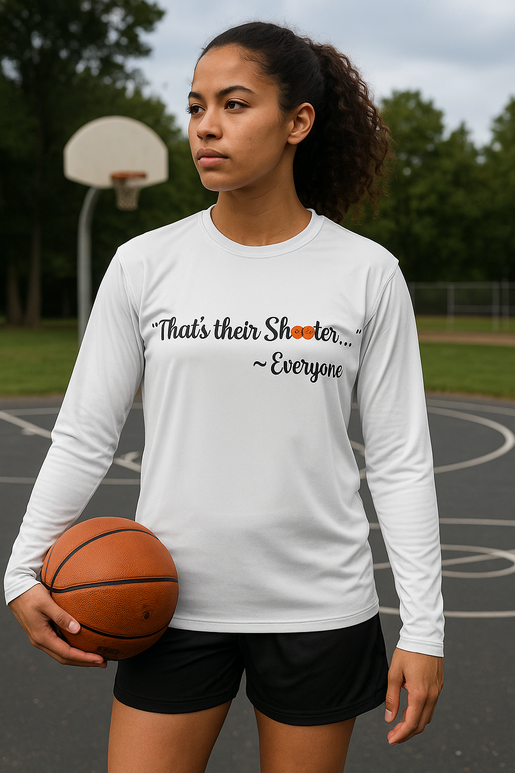 That’s Their Shooter Shirt – Hooper Athletics Long Sleeve Performance Tee – women's basketball apparel - model