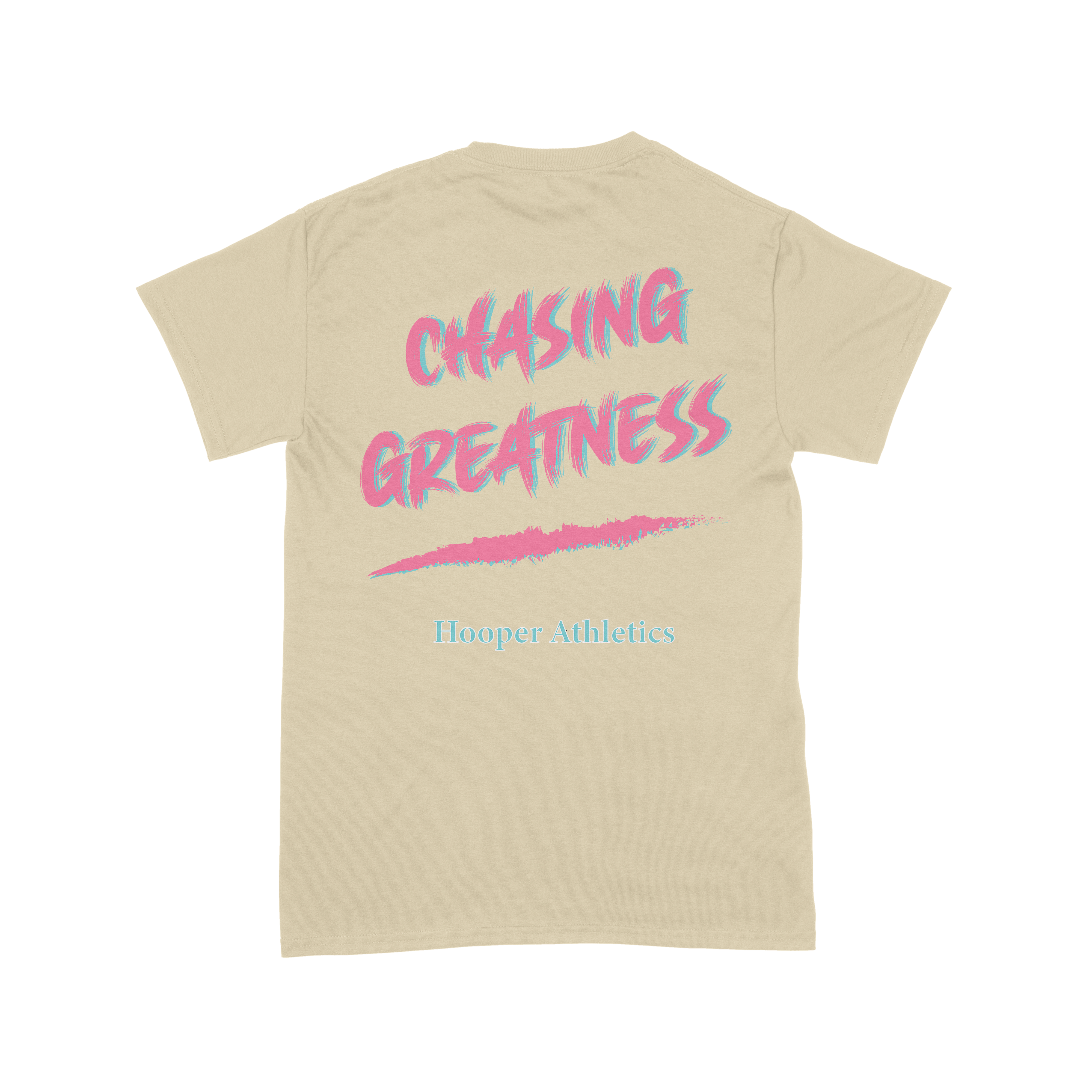 Beige t-shirt with 'Chasing Greatness' text in pink and blue on a white background