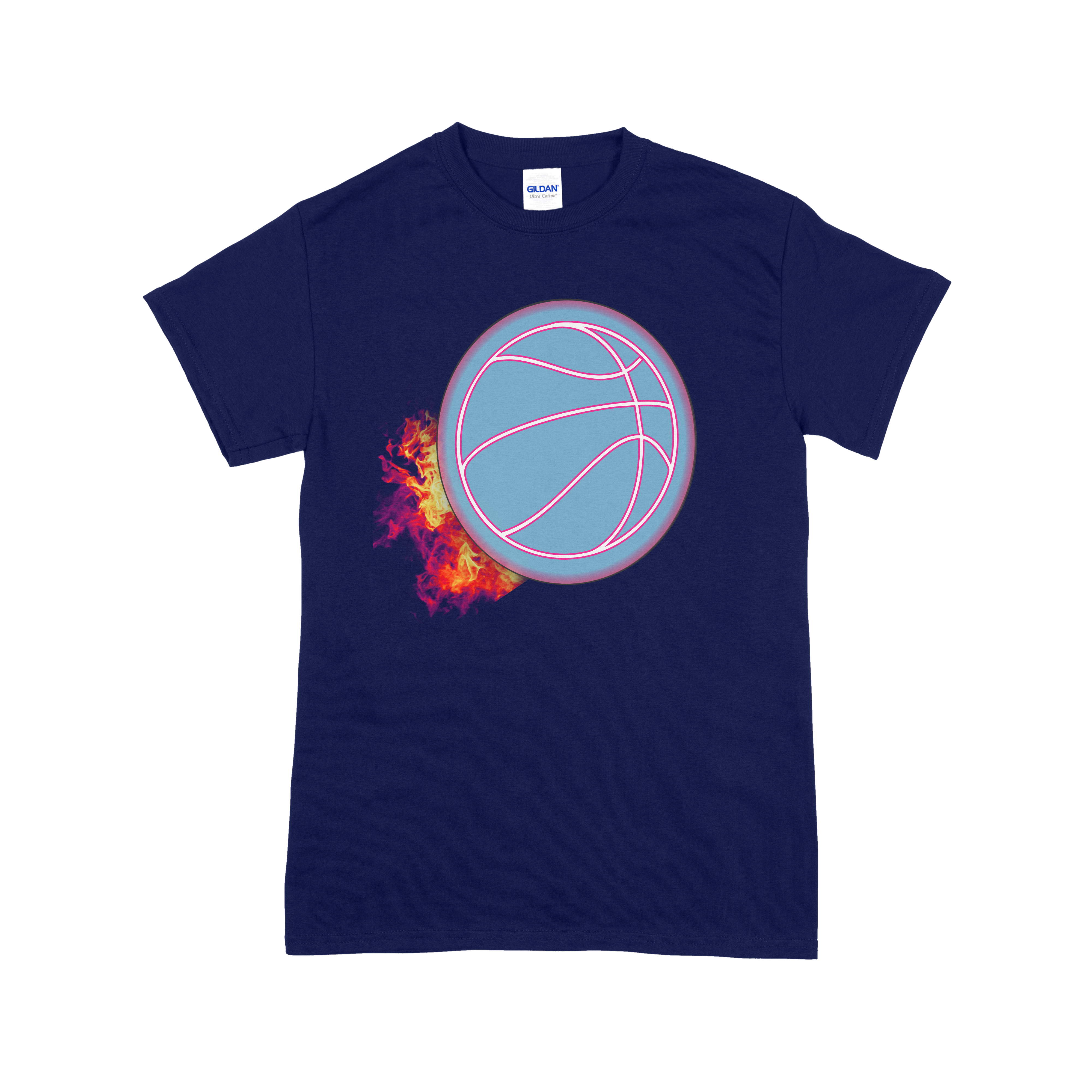 Navy blue t-shirt with a basketball graphic and flames on a white background