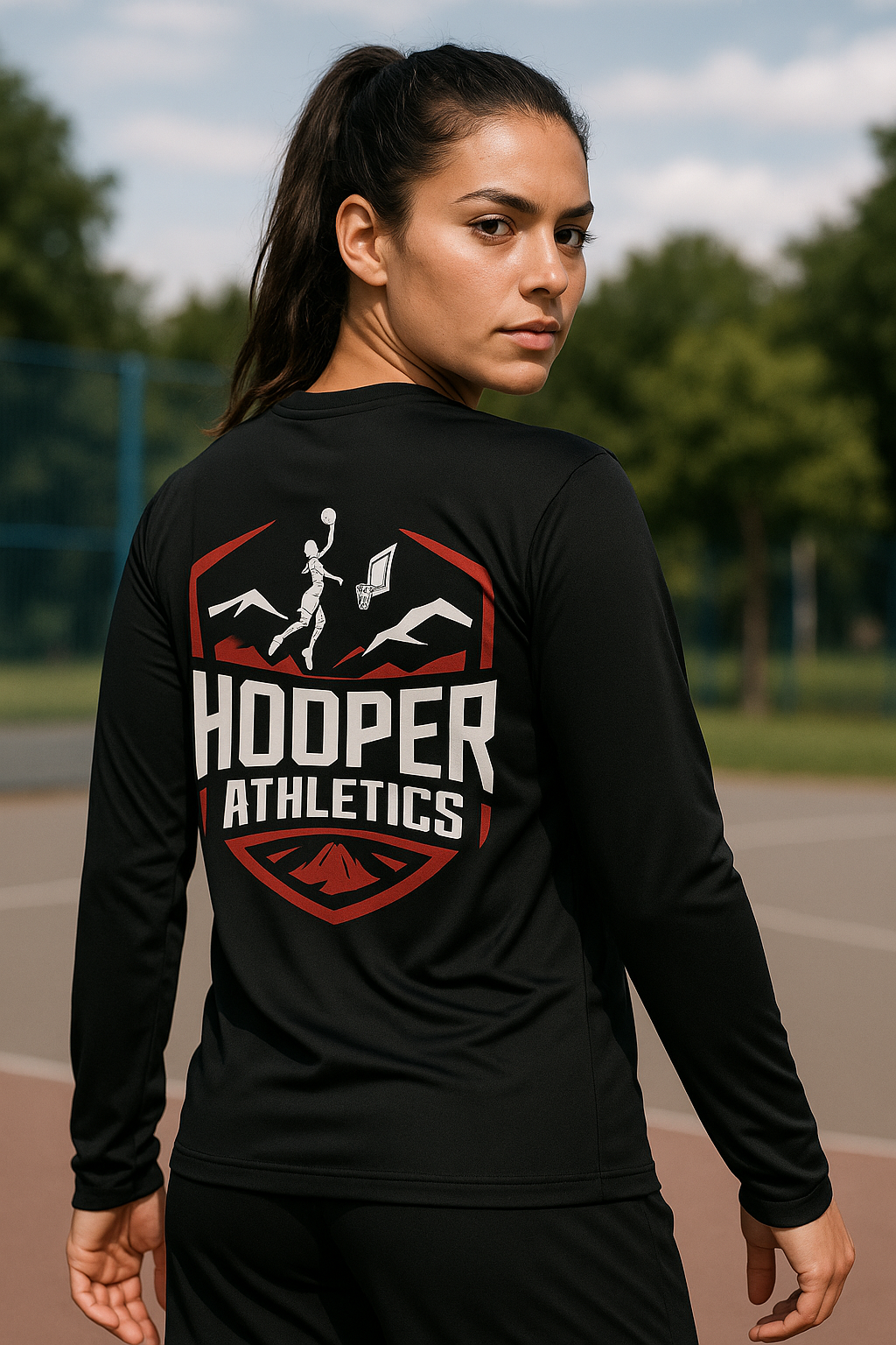 The Official Hooper Athletics Performance Shirt in black – women's basketball apparel - model