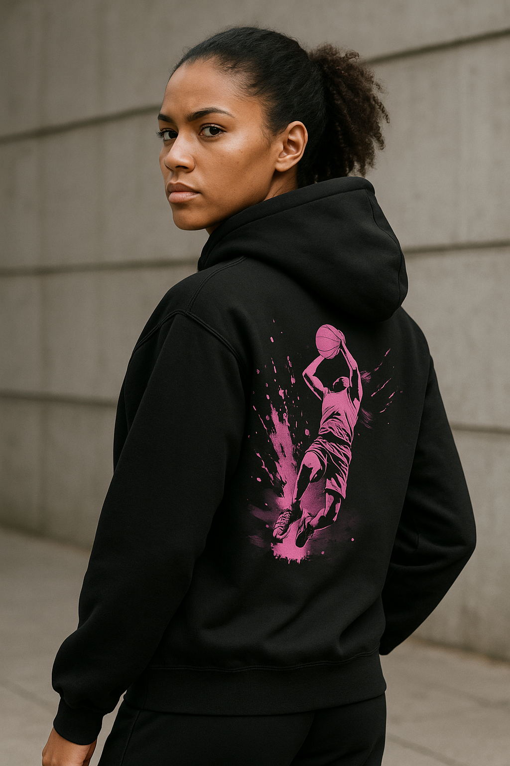 Paint the Game Hoodie – Hooper Athletics Streetball Collection in black – women's basketball apparel - model