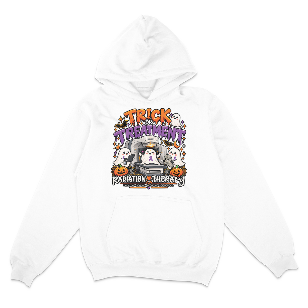 A white pullover hoodie with a colorful graphic on the chest that reads 'TRICK or TREATMENT' and 'RADIATION THERAPY' with Halloween-themed illustrations including pumpkins, ghosts, and a cauldron.