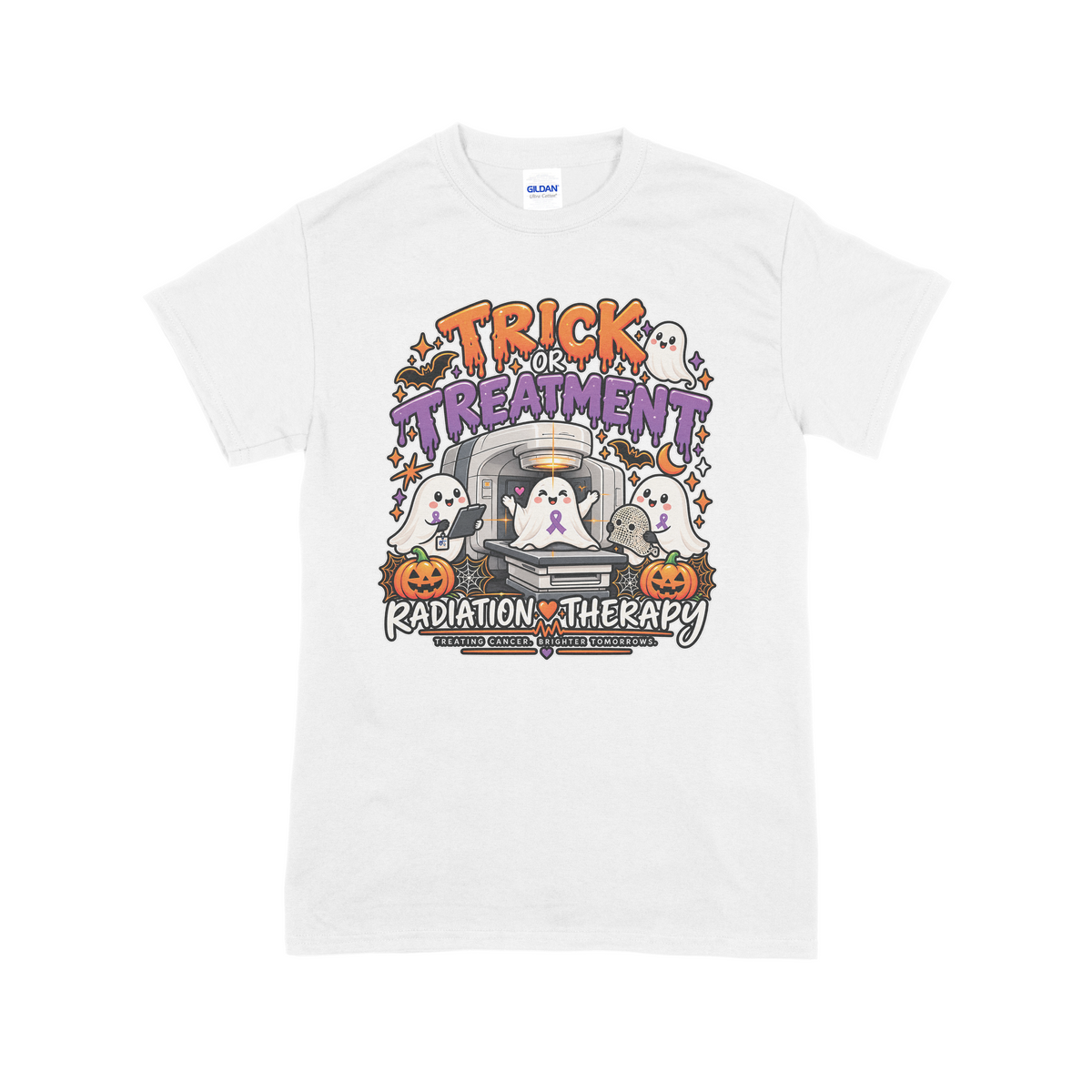 A white short-sleeve crewneck t-shirt featuring a colorful Halloween-themed graphic with the text 'TRICK OR TREAT & RADIATION THERAPY' and illustrations of ghosts, pumpkins, and a radiation badge.